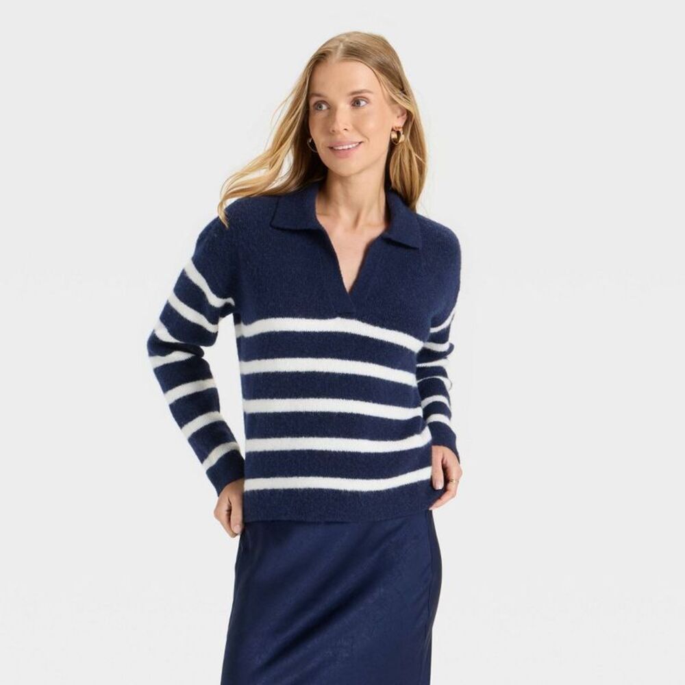 Women's Cozy Knit Polo Sweater - A New Day Navy Striped XL